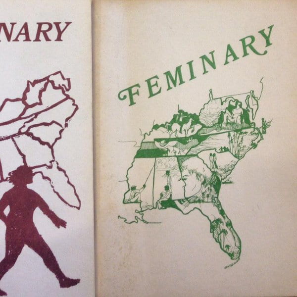 Cover of an undated Faminary magazine issue. Cover depicts the southern states all will lesbian related images. Alabama and Georgia feature two women kissing along the state boundary lines. 